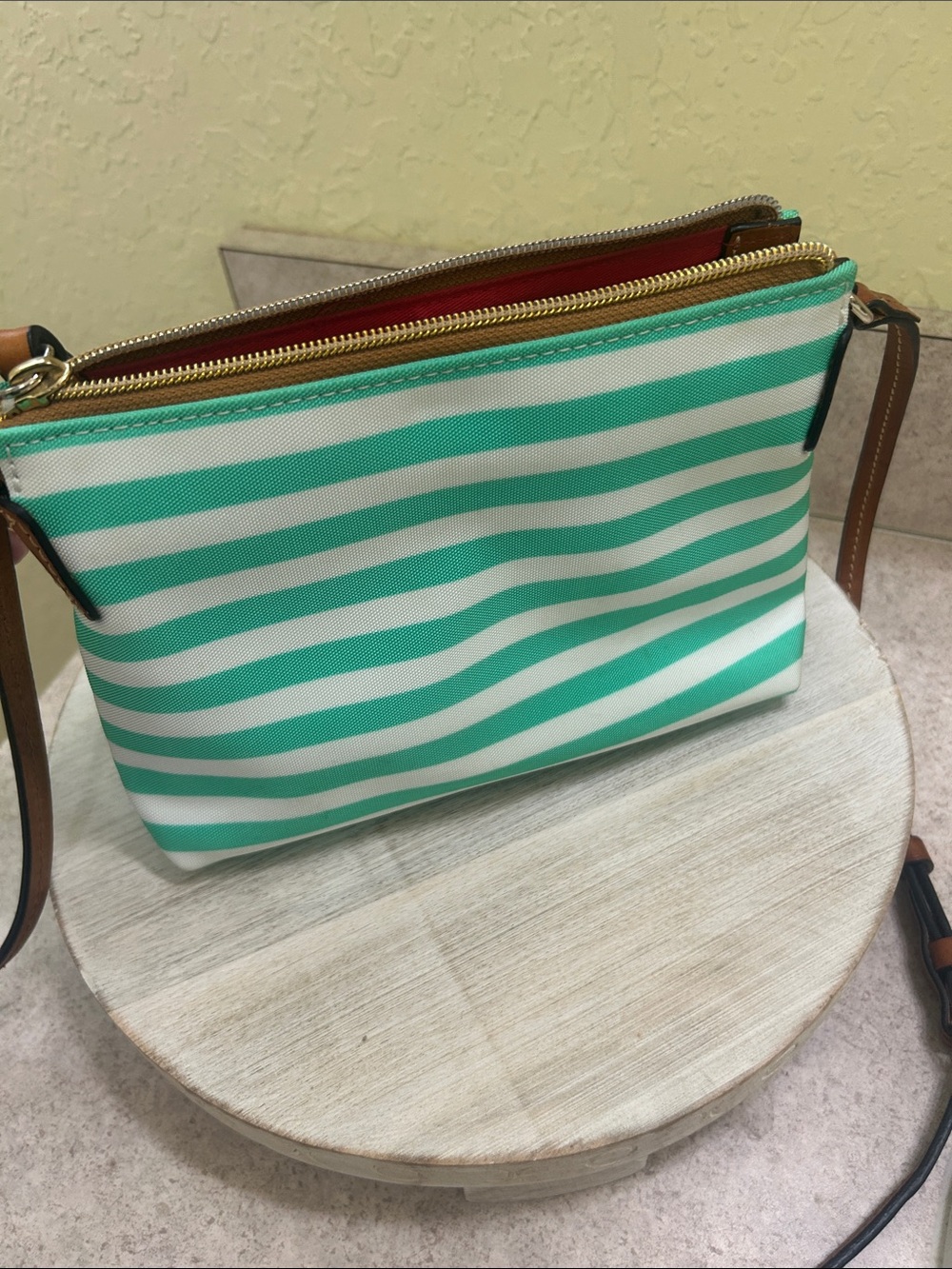 Dooney & Bourke Mint Green and White Striped Crossbody Bag